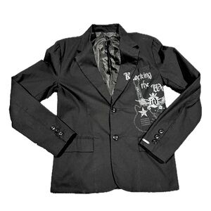 🧥🎸 IDENTITY Rocking the World Black‎ Pinstripe Graphic Blazer NWOT , Women’s M